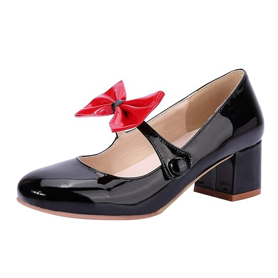 Coolulu Damen Mary Jane Lack Riemchen Pumps Blockabsatz Schleife 4cm Absatz Rockabilly Cosplay Lolita Schuhe