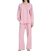 COZYPOIN Womens Gingham Pajama Set 2 Piece Cotton Plaid Button Down Puff Sleeve Shirt and Pants Lounge Set Cute Sleepwear