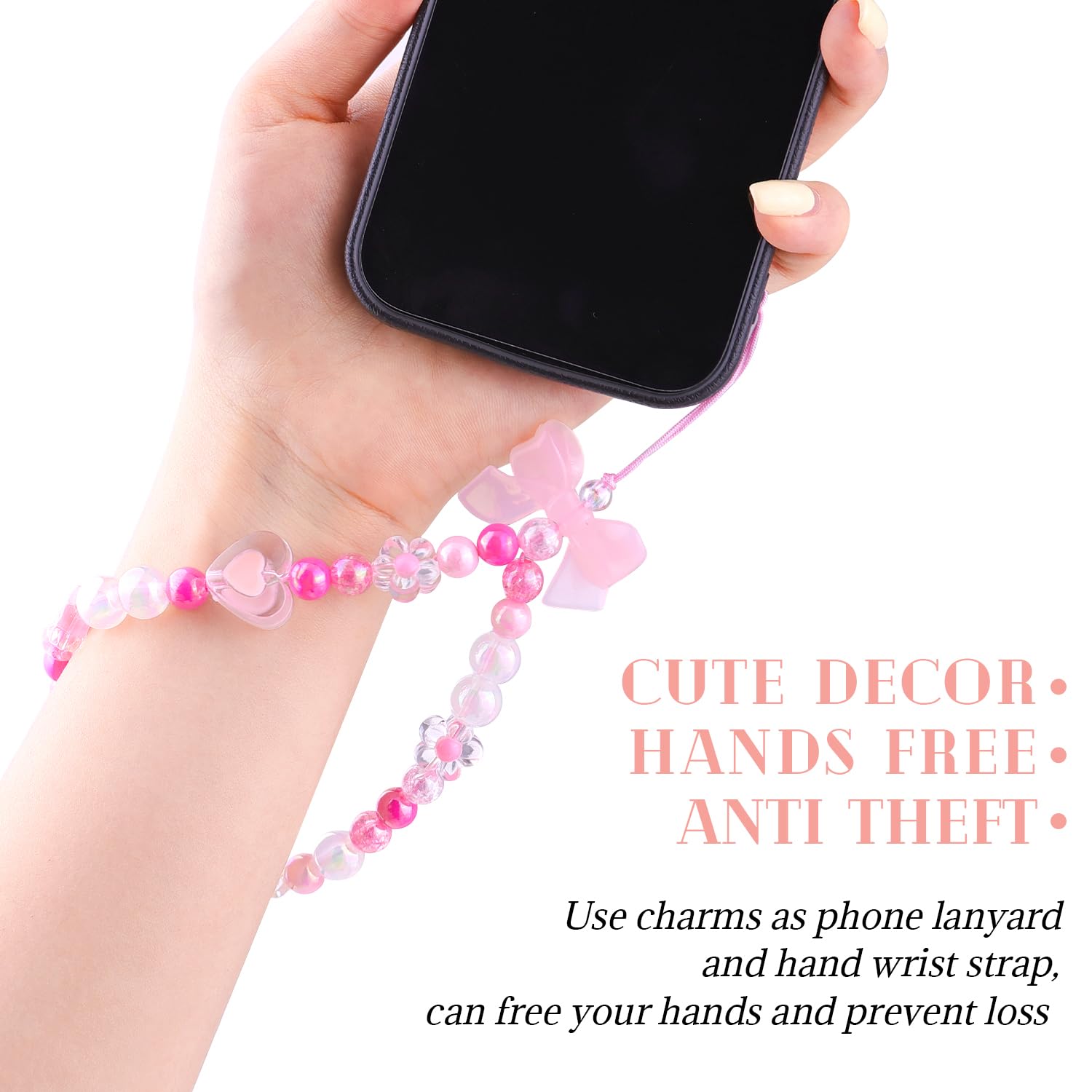 4 PCS Cute Phone Charms Aesthetic Y2K Cellphone Wrist Strap Bedazzling Bear Bow Butterfly Heart Star Flower Accessories Pink Beaded Anti-Theft Chain String for Bag Keychain Airpods Decor