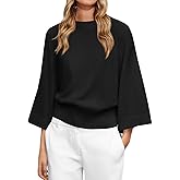 Saodimallsu Womens Crew Neck Batwing Sweaters 3/4 Sleeve Soft Knit Dressy Casual Loose Fit Fall Sweater Tops