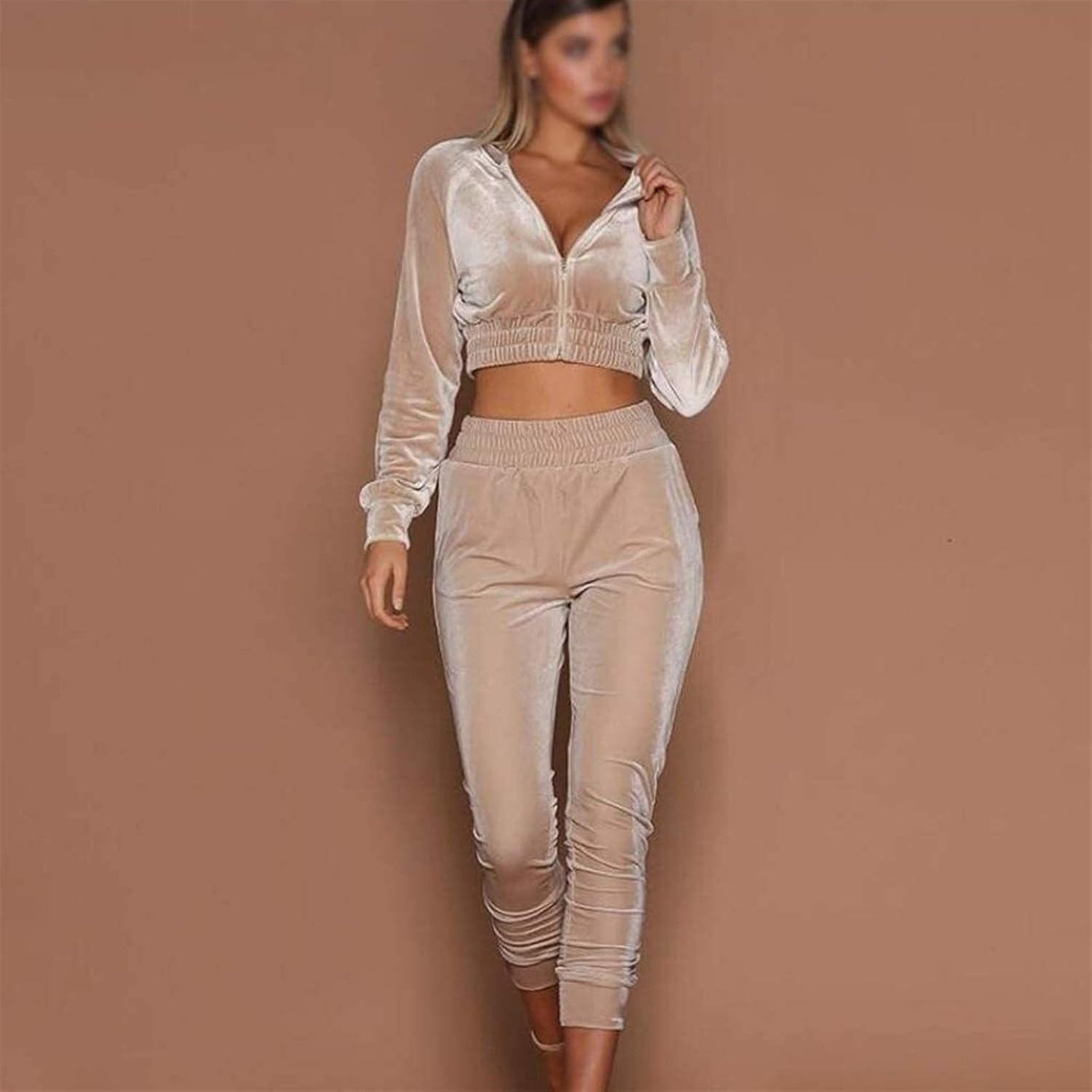 Women Sets Long Sleeve Zipper Crop Top Sweatpants Exercise Gym Clothes Set 2 Pieces Running Set 