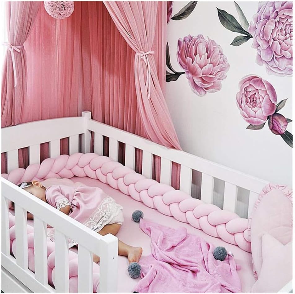 LFEWOX 4M Cot Bumper Braid Long Knotted Twists Pillow Baby Anti-Collision Crib Bumper Pink And White Baby Nursery Crib Bedding