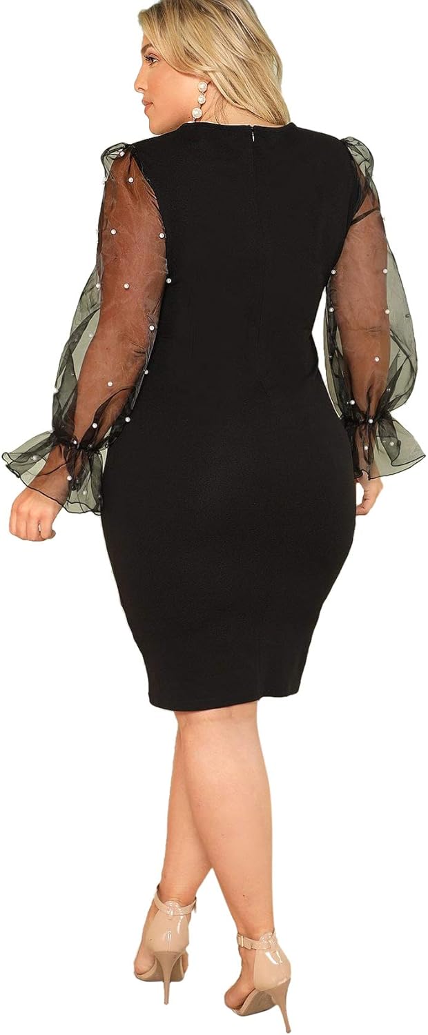 SheIn Women's Plus Size Elegant Mesh Contrast Pearl Beading Sleeve Stretchy Bodycon Pencil Dress: Clothing