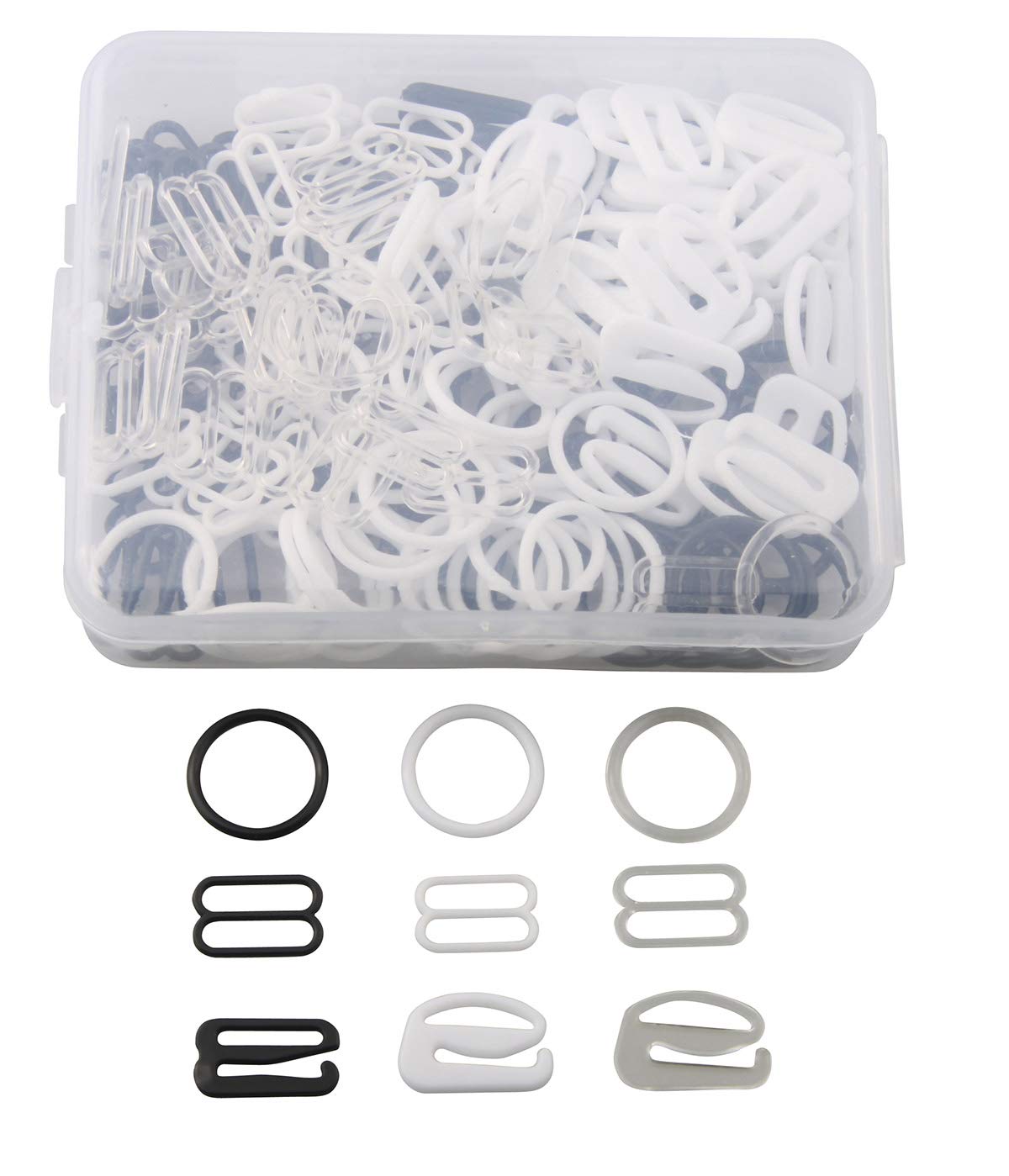 ALLinONE 1 Box Plastic Adjustment Strap Slides and Rings Bra Strap Slide Hook Clasp with Container for DIY Craft Sewing, Mixed 3 Color 60 Sets, 15 mm