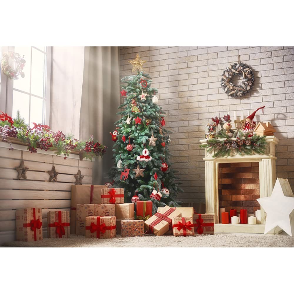 Aoihrraan 3x2m Christmas Backdrop Xmas Tree Sunshine Windows Fireplace Red Gifts Wreath Brown Rustic Brick Wall Photography Background Children Kids Adults Family Portrait Photo Studio Props
