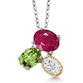 925 Silver and 10K Yellow Gold Red Ruby Green Peridot and White Moissanite Pendant Necklace For Women (3.00 Cttw, Oval 8X6MM, 7X5MM and 6X4MM, Gemstone July Birthstone, with 18 Inch Chain)