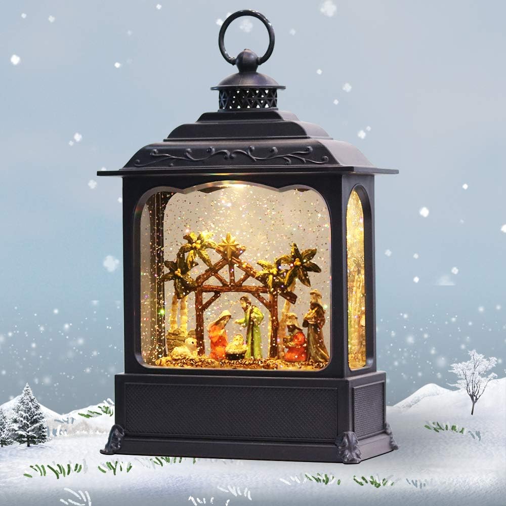 Snow Globes - GenSwin Nativity Musical Lighted Water Lantern Christmas Snow Globe with 6 Hour Timer, Battery Operated & USB Powered Singing Swirling Glitter Snow Globe Lantern Christmas Holiday Home Decor Gift(11”)