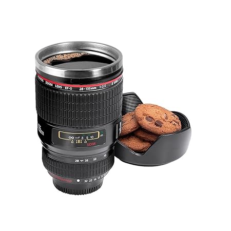 INOVERA (LABEL) Stainless Steel Camera Lens Coffee Mug with Cookie Holder(Black)