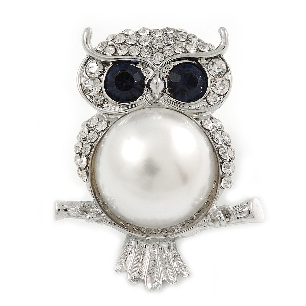 Clear/Dark Blue Crystal, White Glass Pearl Sitting Owl Brooch/Pendant In Silver Tone - 45mm L