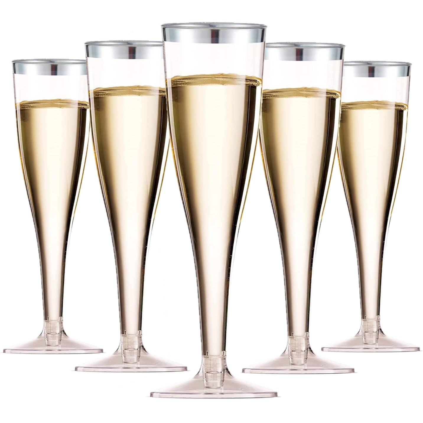 LATERN 50Pcs Silver Rimmed Champagne Flutes, 150ml Plastic Champagne Glasses Reusable Stemmed Party Wine Cups for Garden Wedding Anniversary Shower Parties (5 x 17cm)