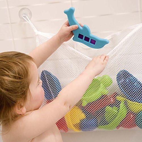Bath Toy Organizer Mesh Net Toy Storage Bag For Baby Boys Girls With Two Suction Cups Exclusively Designed by HelenCasa (White/Pink Dots)