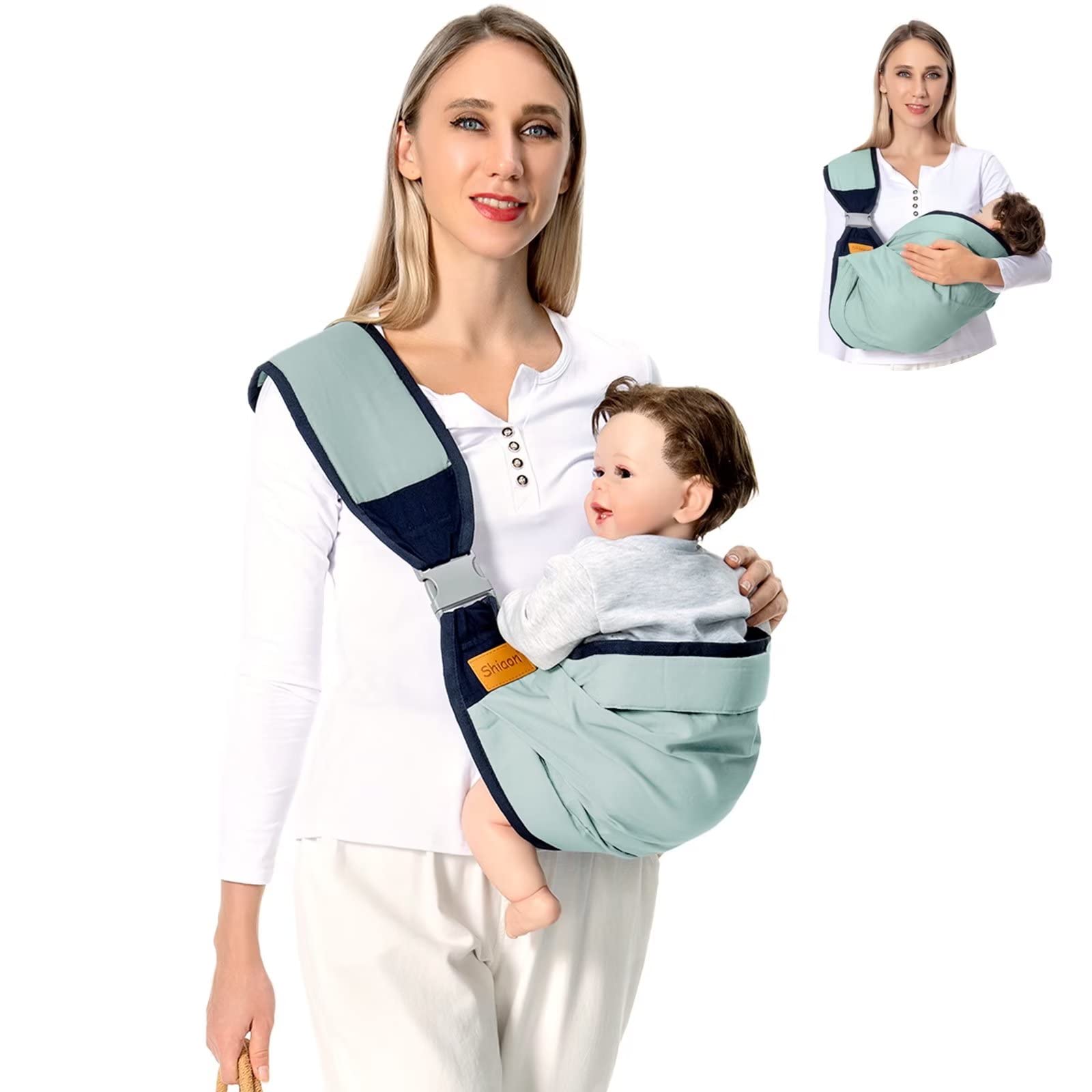 Photo 1 of Shiaon Baby Sling Carrier, Baby Carrier Newborn to Toddler(7-45lbs), Toddler Carrier with Safety Buckle, One Shoulder Adjustable Shoulder Strap, One Size Fits All, Green