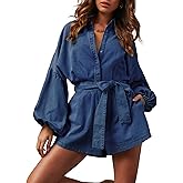 LifeShe Lantern Long Sleeve Denim Romper for Women Elastic Waist Tie Front Short Mini Jean Jumpsuit