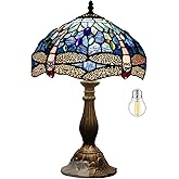 WERFACTORY Tiffany Table Lamp Blue Stained Glass Dragonfly Style Desk Bedside Reading Light 12X12X18 Inches Decor Bedroom Liv