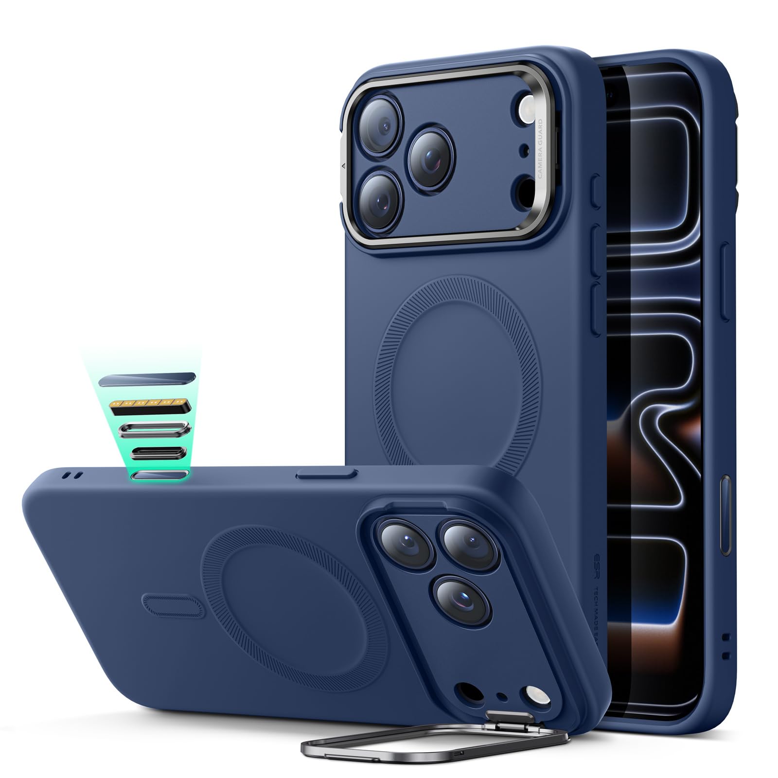 Photo 1 of ESR Silicone Case for iPhone 17 Pro, Built-in Camera Stash Stand Compatible with MagSafe, Military-Grade Drop Protection Magnetic Phone Case for iPhone 17 Pro, Cloud Series, Navy Blue