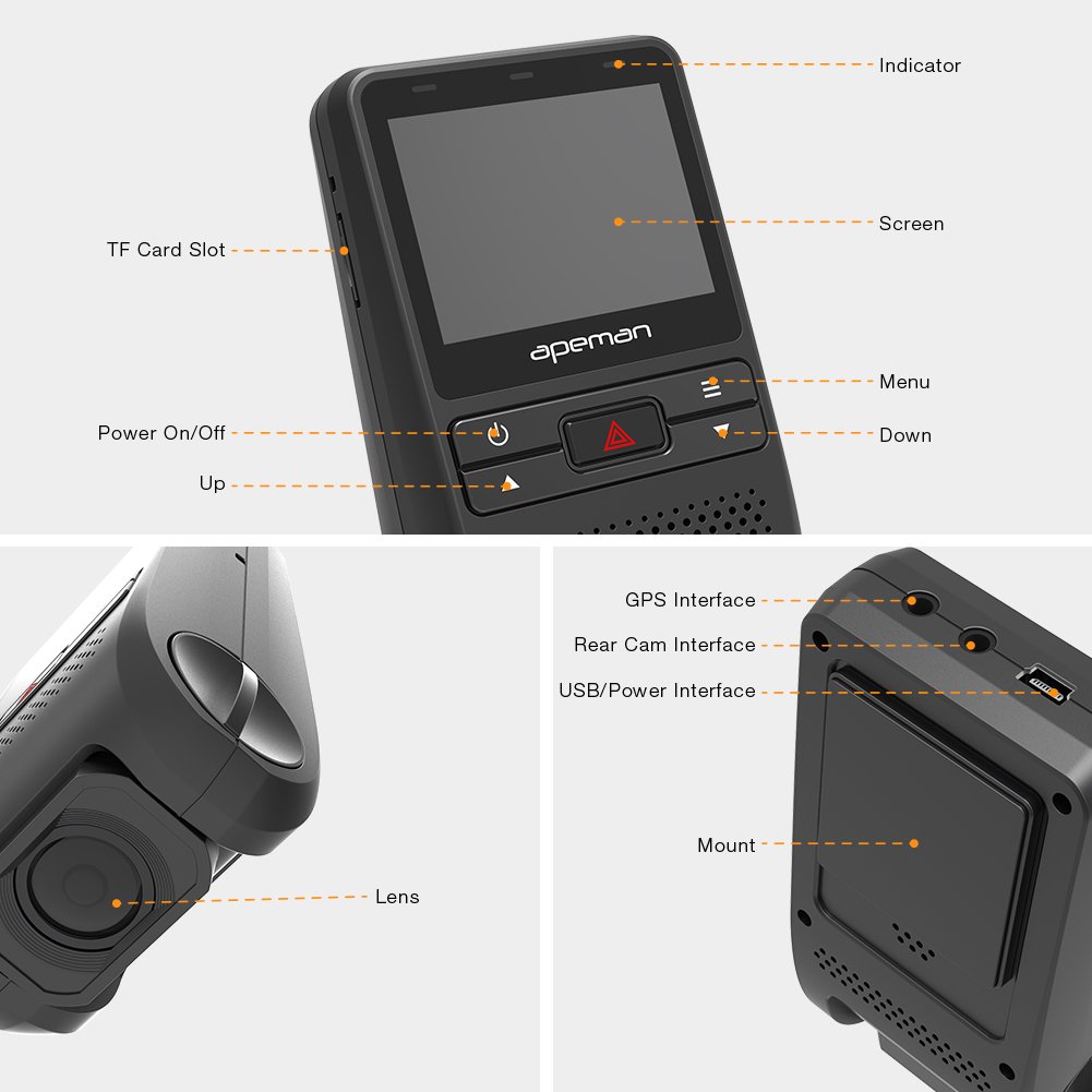 Car Video APEMAN Dual Dash Camera DVR Dashboard Recorder FHD 1080P