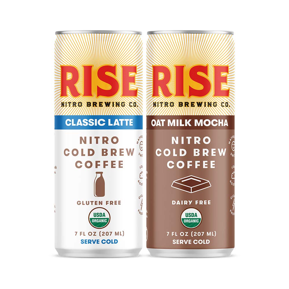 RISE Brewing Co. | Classic Nitro Cold Brew Latte (12 Pack) & Oat Milk Mocha Nitro Cold Brew Latte (12 Pack) Bundle | 7 fl. oz. Cans - Organic, Non-GMO | Draft Nitrogen Pour, Clean Energy & Low Acidity