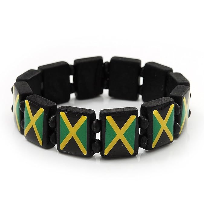 Black Wooden 'Jamaica Flag' Stretch Bracelet up to 20cm length
