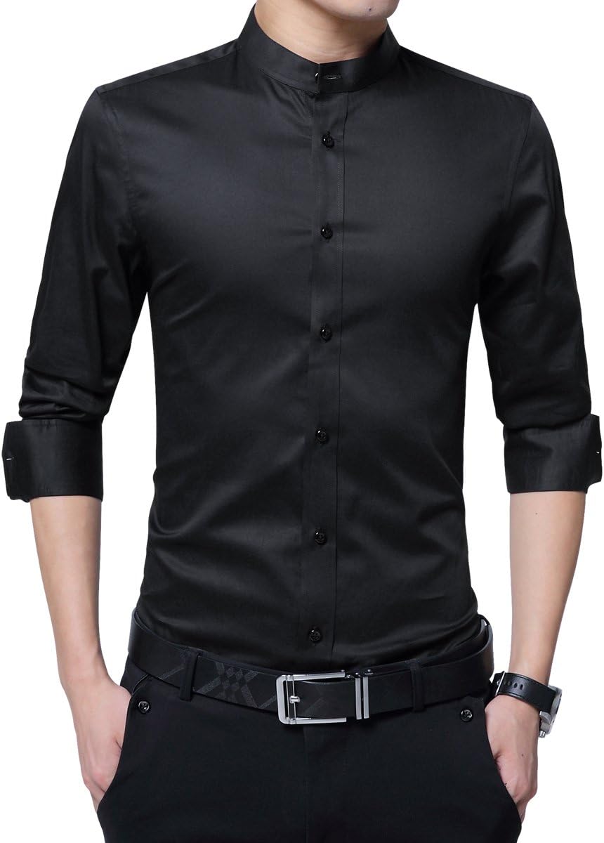 SliktaaMens Shirts Formal Tuxedo Shirts Casual Long Sleeve Slim Fit Grandad Collar (White,Black, Dark Blue)