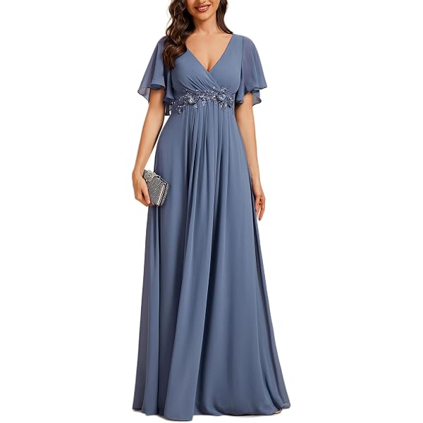 dusty blue plus size formal dress LaDivine S440C Long Pleated Prom Formal Beaded Plus Size Dress