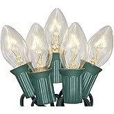SUNSGNE C7 Christmas Lights, 25Ft Outdoor Christmas String Lights with 27 Clear Warm White Incandescent Bulbs, Xmas Vintage String Light for Patio, Cafe, Party Decor, Green Wire