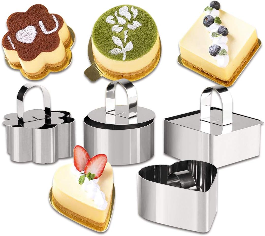KAISHANE Cooking Rings Set with Pusher / 4 Shapes (Heart, Round, Flowered & Square Shaped) Stainless Steel Food Rings for Cooking Crumpets Eggs Pastry Mousse Desserts / 8cm Diameter
