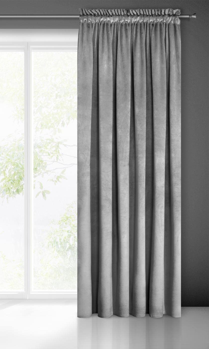 Eurofirany PIERRE Soft Plain Opaque Velvet Curtain with Rufflette Tape For Rail - 1 Unit, Fluffy Panel Drape Classic Glamour Elegant Living Room, Bedroom, 215 g/m2, W55 x L118, Silver Grey