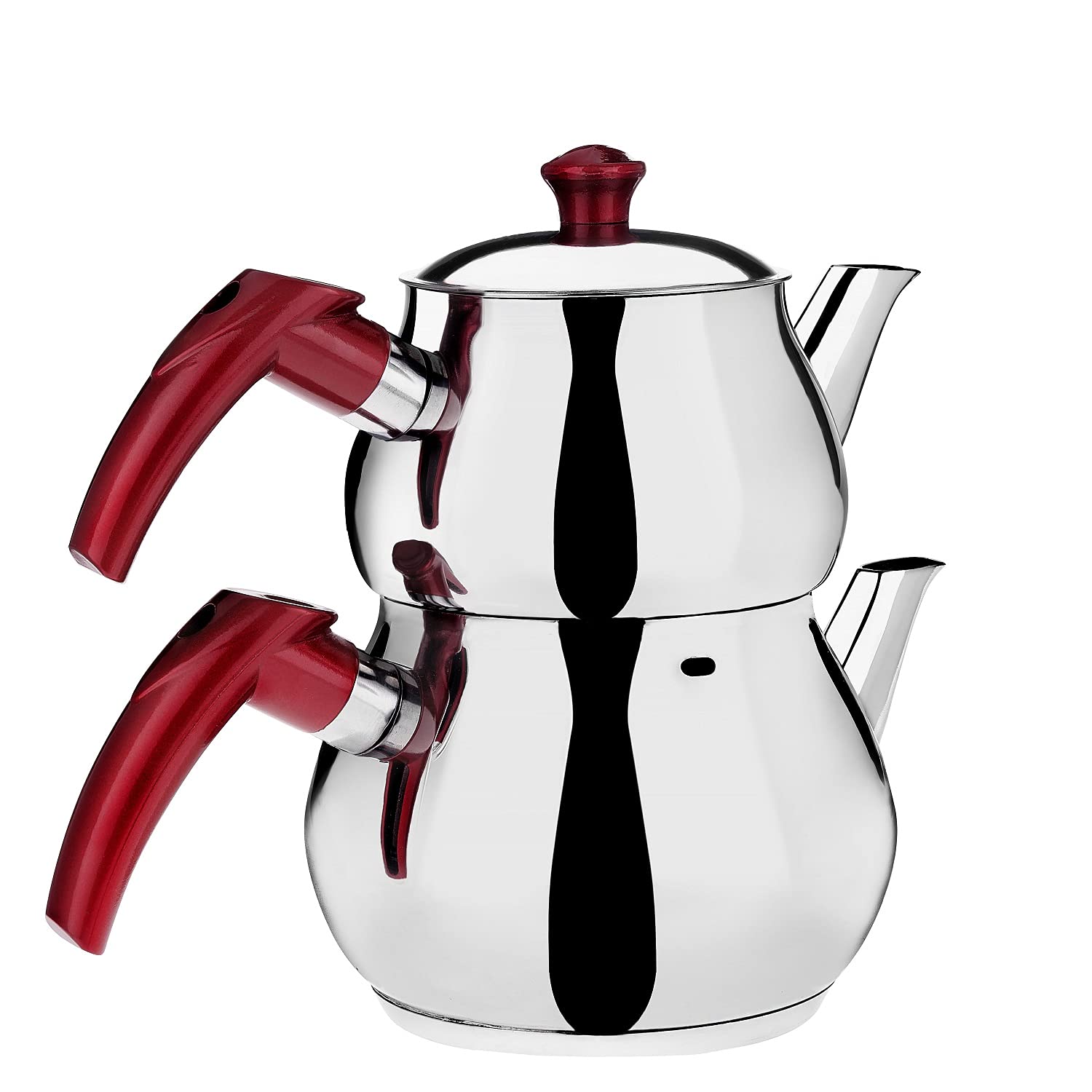 Photo 1 of DESTALYA Turkish Teapot Set | Stainless Steel Double Tea Pots for Stove Top | Tea Maker with Strainer | Samovar Tea Kettle, Water Heater (Midi with Red Handles)