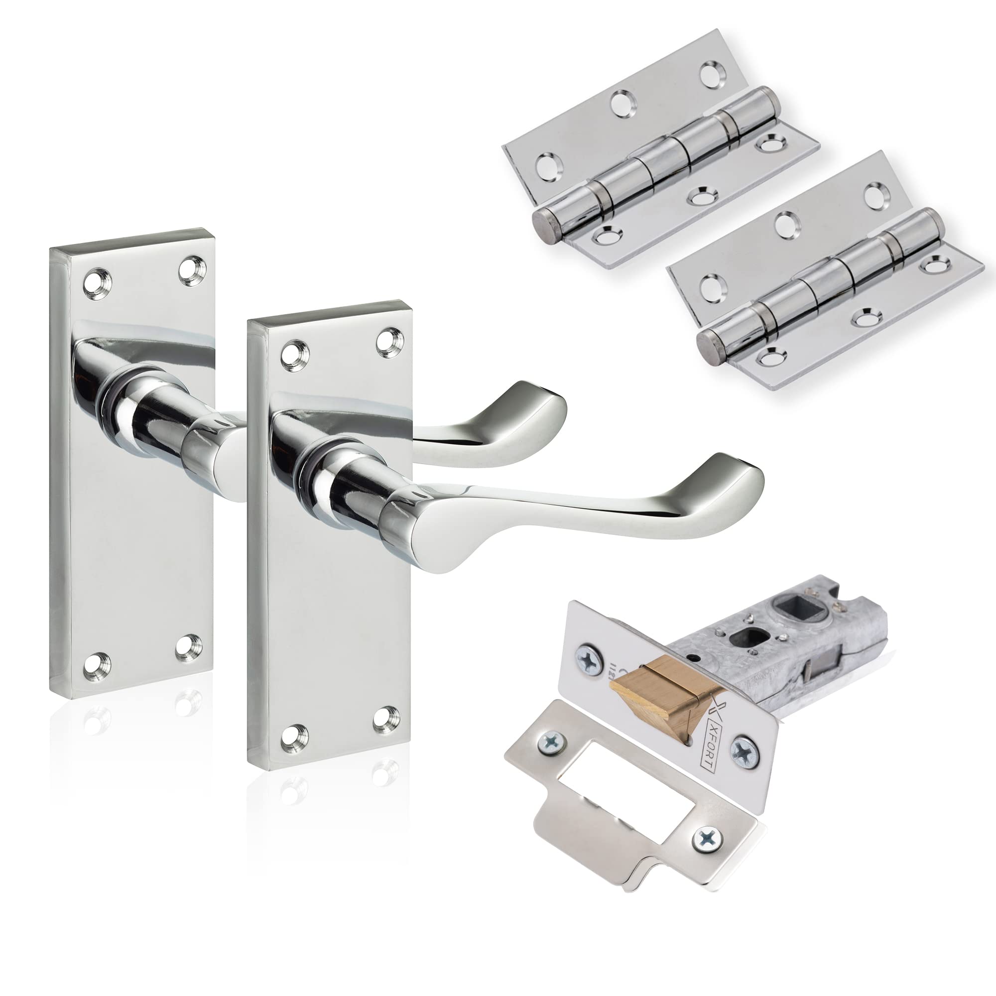 XFORT Chrome Elegance Range Polished Chrome 4" Victoran Scroll Lever Latch Door Pack, Complete Set with Door Handles, 65mm Tubular Latch and 75mm Ball Bearing Hinges, for Internal Wooden Doors — image 1