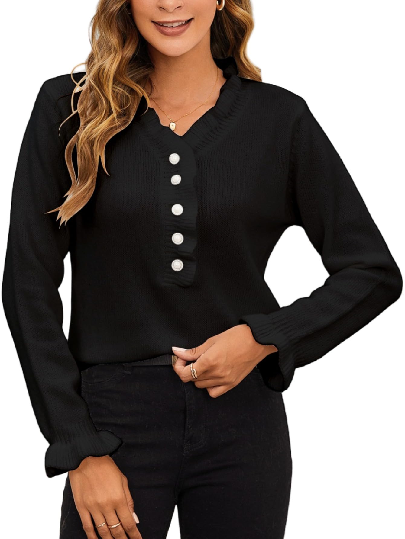 MakeMeChic Women's Pearl Beaded Long Sleeve Sweater V Neck Ruffle Trim ...