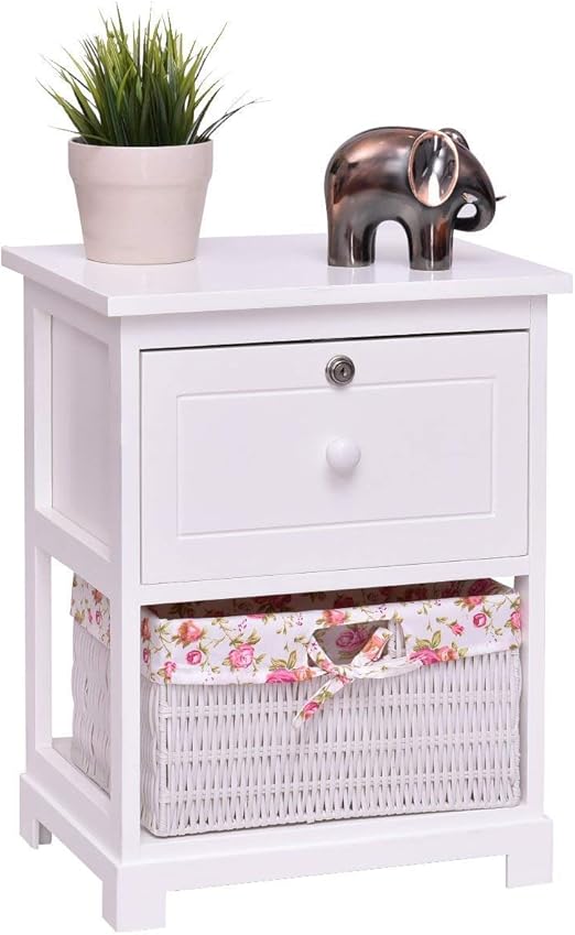 2 Tier 1 Drawer Wooden Bedside Table Organizer Nightstand Bedstand W Basket Us