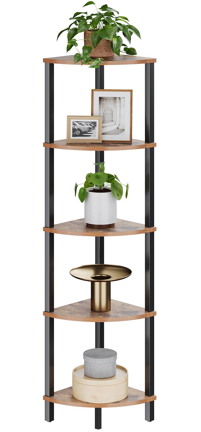 Photo 1 of VIMBER Corner Shelf, 5-Tier Corner Bookshelf, Industrial Corner Ladder Shelf, Rustic Display Shelf for Living Room, Bedroom, Kitchen, Home Office, Rustic Brown and Black UJSJ001H