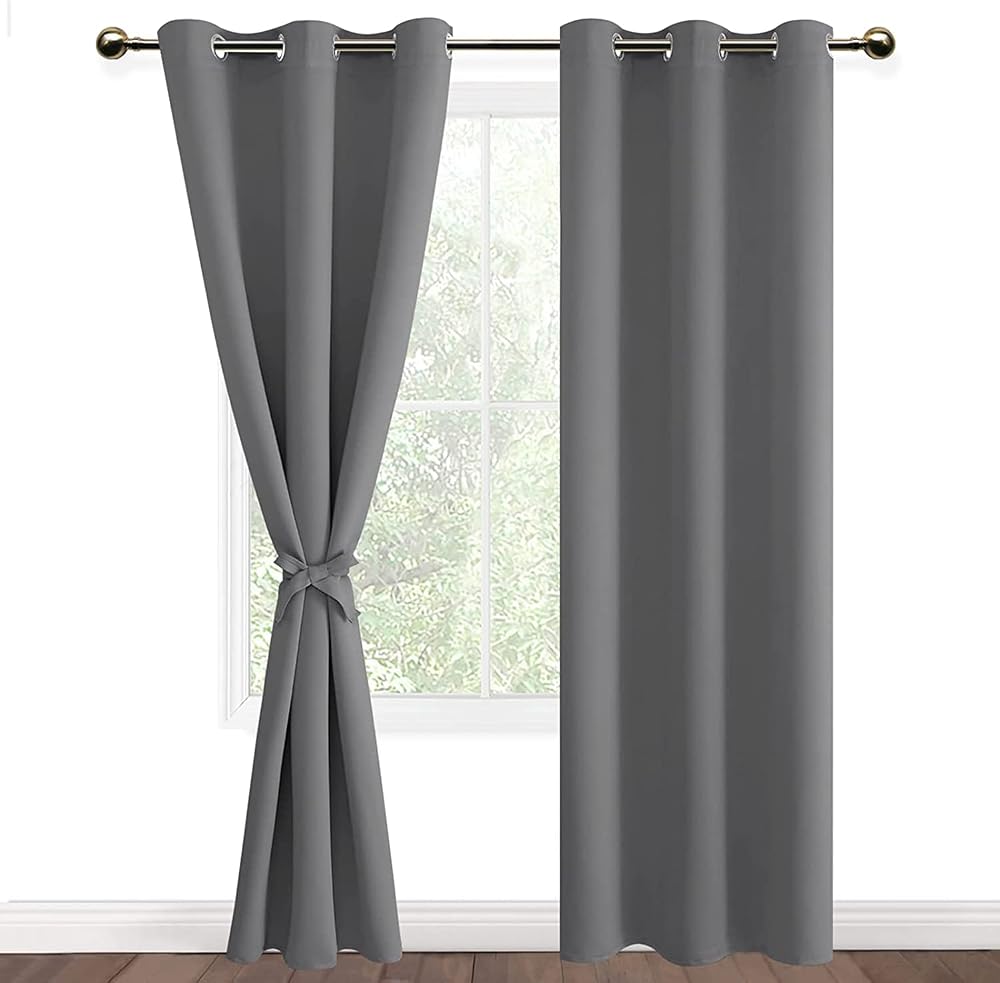 DWCN Grey Blackout Curtains 46x90 Two Panels with Tiebacks, Thermal Insulated
