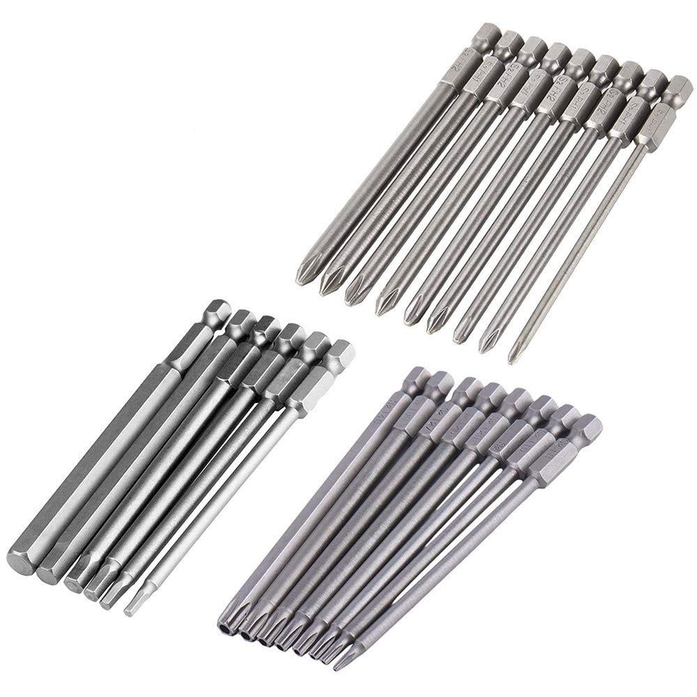 Gasea 23pcs 1/4" Hex Shank S2 Steel 100mm/4 Inch Long Magnetic Screwdriver Bits Set, Including 8pcs T8-T40 Security Torx Bits, 6pcs H2.5-H8 Hexagon Head Bits, 9pcs Cross Head Philips Screw Bits
