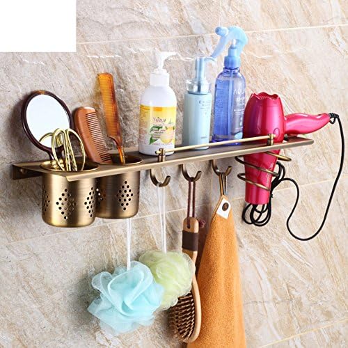 JIJISADA Hair Dryer Holder,Hair Dryer Shelf,Hair Blow Dryer Holder, Copper Antique Hair Dryer Rack European-Style Bathroom Shelves Wall Hanging Shower Room incorporating Wind-D