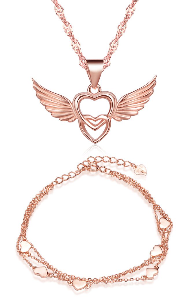 Yumilok Jewelry 925 Sterling Silver Rose Gold Plated Hearts Angel Wings Pendant Charm Necklace Bracelets Set for Women/Girls