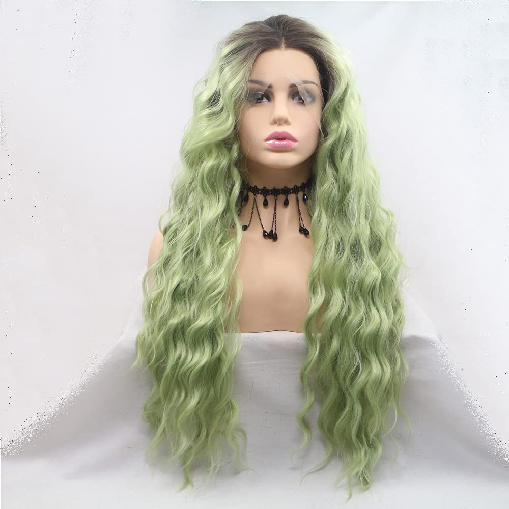 Natural Curly Mermaid Piano Color Avocado Green Wig with Blonde Brown Roots Synthetic Lace Front Wig Heat Resistant Replacement Cici Hairfor Women Cosplay Halloween Party 24 inches