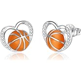 Sterling Silver Football Basketball Softball Baseball Pickleball Soccer Volleyball Tennis Ball Stud Earrings Women Sport Heart Earrings Jewelry Gifts