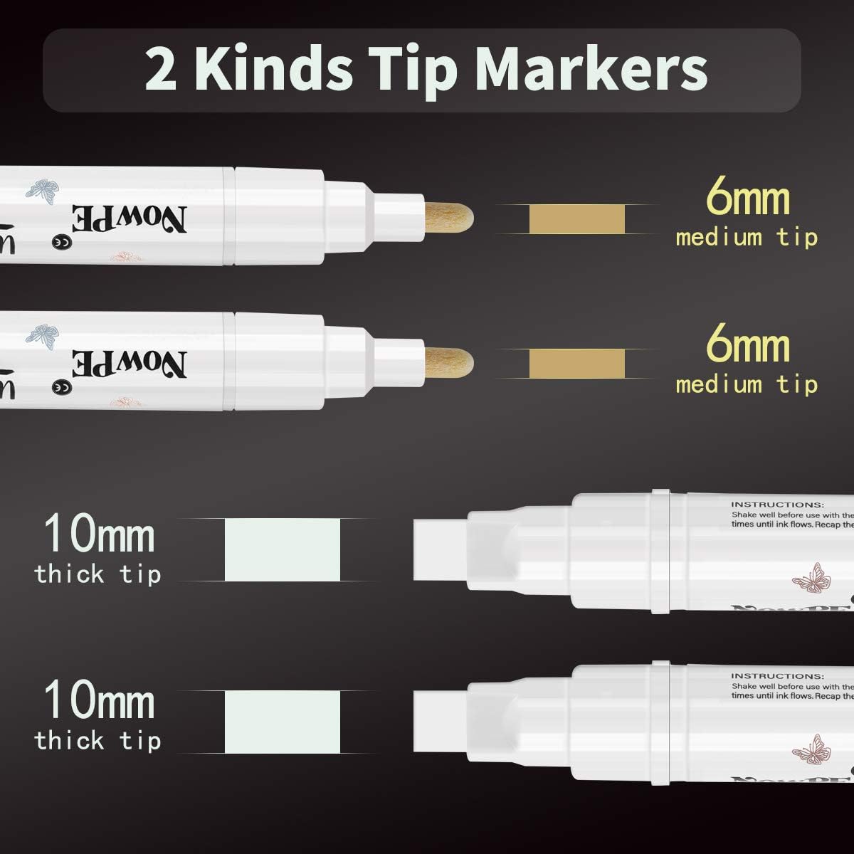 NowPE White Chalk Marker Pen, 2pcs 6mm Chalk Pens + 2pcs 10mm Chalk Markers, Dry or Wet Wipe Erase - Image 3