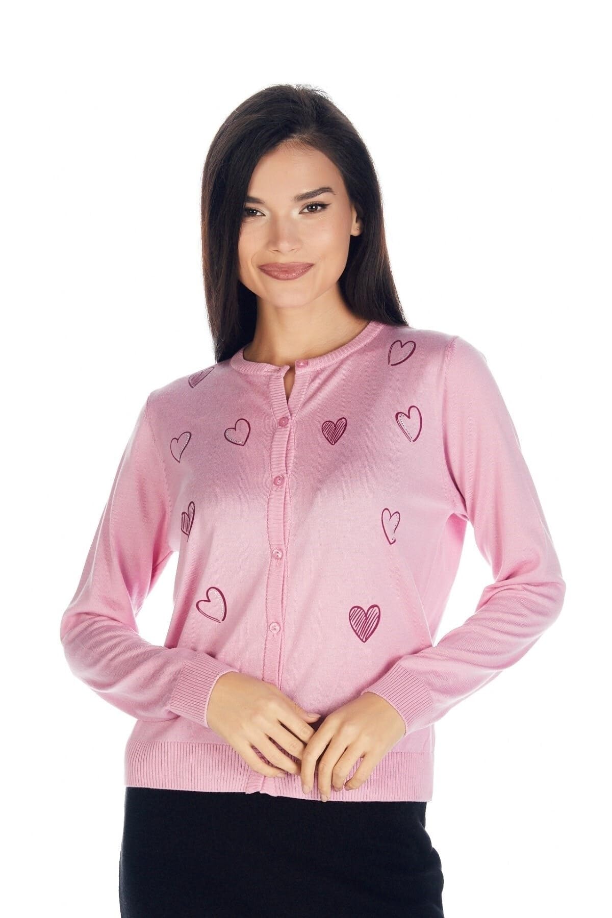 Crystal SOLO-Women's Crystal Hearts-Printed Cardigan Sweater (Light Pink - XL)