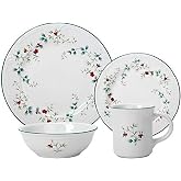 Pfaltzgraff Winterberry 16-Piece Dinnerware Set Scalloped Stoneware | Complete Service for 4, Festive Holly Berry Pattern, Ideal for Winter &amp; Holiday Gatherings, Dishwasher Safe