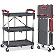 Towallmark Portable Folding Service Cart, 3 Tier Folding Utility Cart, Collapsible Utility Carts for Office, Warehouse, and Home, 56 Lbs Load Capacity per Shelf (Grey & Red)