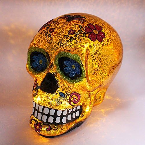 SMYER Halloween Skull Decoration,Led Grinning Replica Human Skull Statue-Scary Ghost Skeleton Skull for Home & Outdoor Decor (Golden)