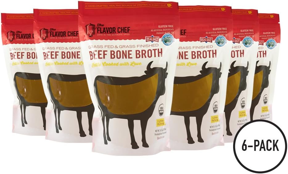 USDA Certified Organic Grass Fed and Grass Finished Beef Bone Broth by The Flavor Chef | 6 Pack - 24 Ounces Per Pack | Frozen Fresh, High Gelatin and Collagen, Paleo Friendly