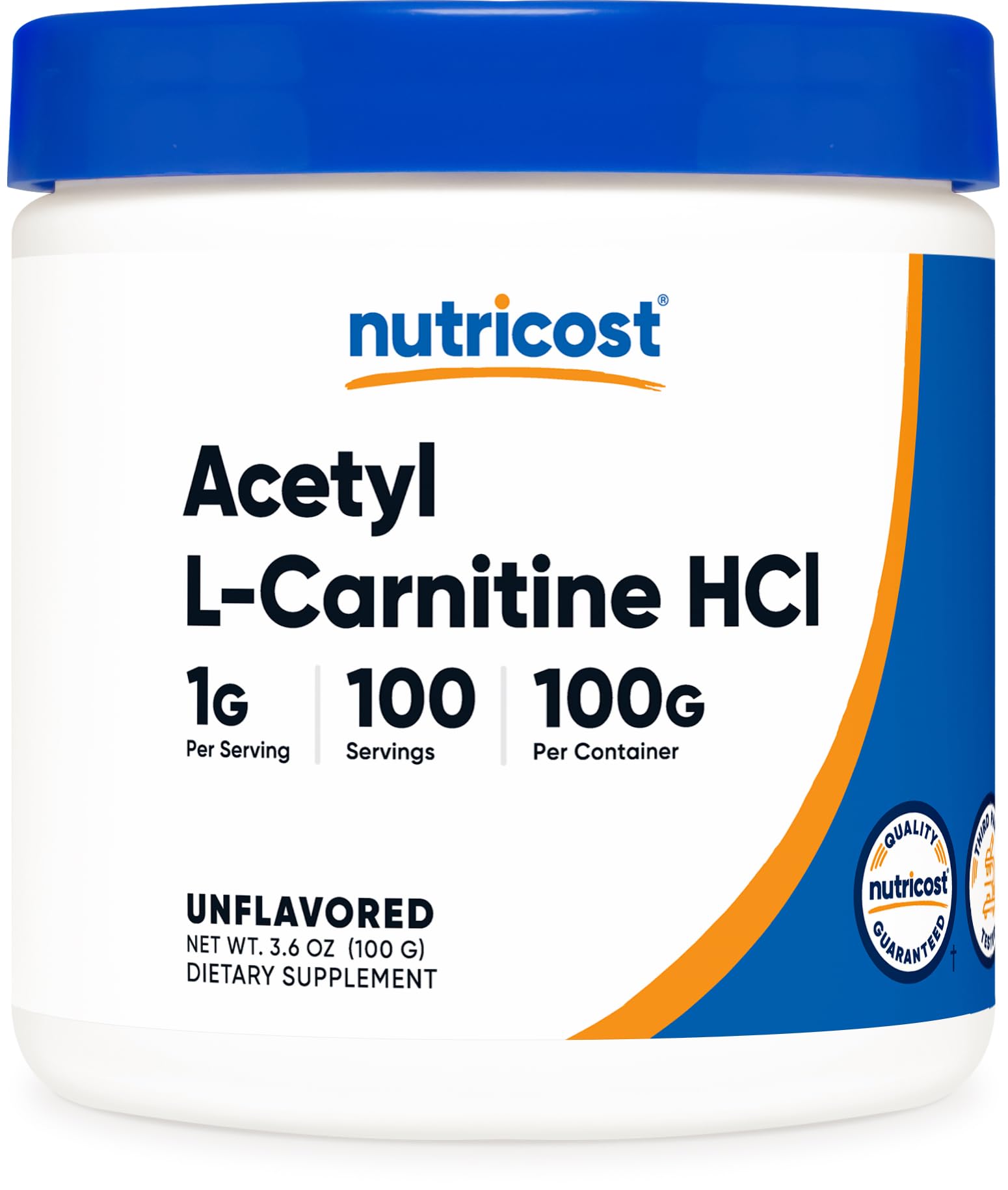 Nutricost Acetil L-Carnitina HCI (ALCAR) 3.53 oz por contenedor – 0.04 oz por porción – Sin OGM, sin gluten, sin sabor