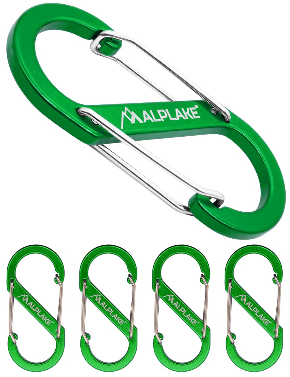 ALPLAKE ® - Pack of 4 material carabiners, double carabiner, micro carabiner, S-shape, 88 x 40 mm, green