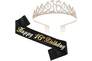 SINGOMON Sweet 16 Birthday Sash and Crown Set, Rhinestone Tiara with Black and Gold Party Decorations