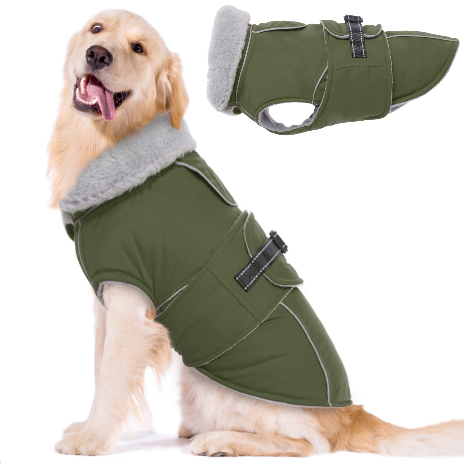 Lelepet Warm Coats and Jackets for Dogs, Waterproof Winter Dog Coat for Cold Weather, Reflective Dog Puffer Jacket, Fleece Lining Pet Coat with Harness Hole for Extra Large Dogs, ArmyGreen 3XL — image 1