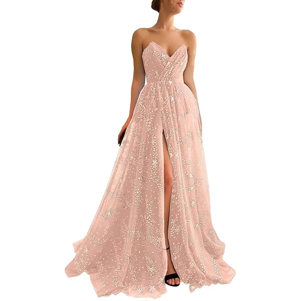 prom_theme商品です♪ Amazon.com: UUJJSO Strapless Tulle Prom Dresses Long Sparkle