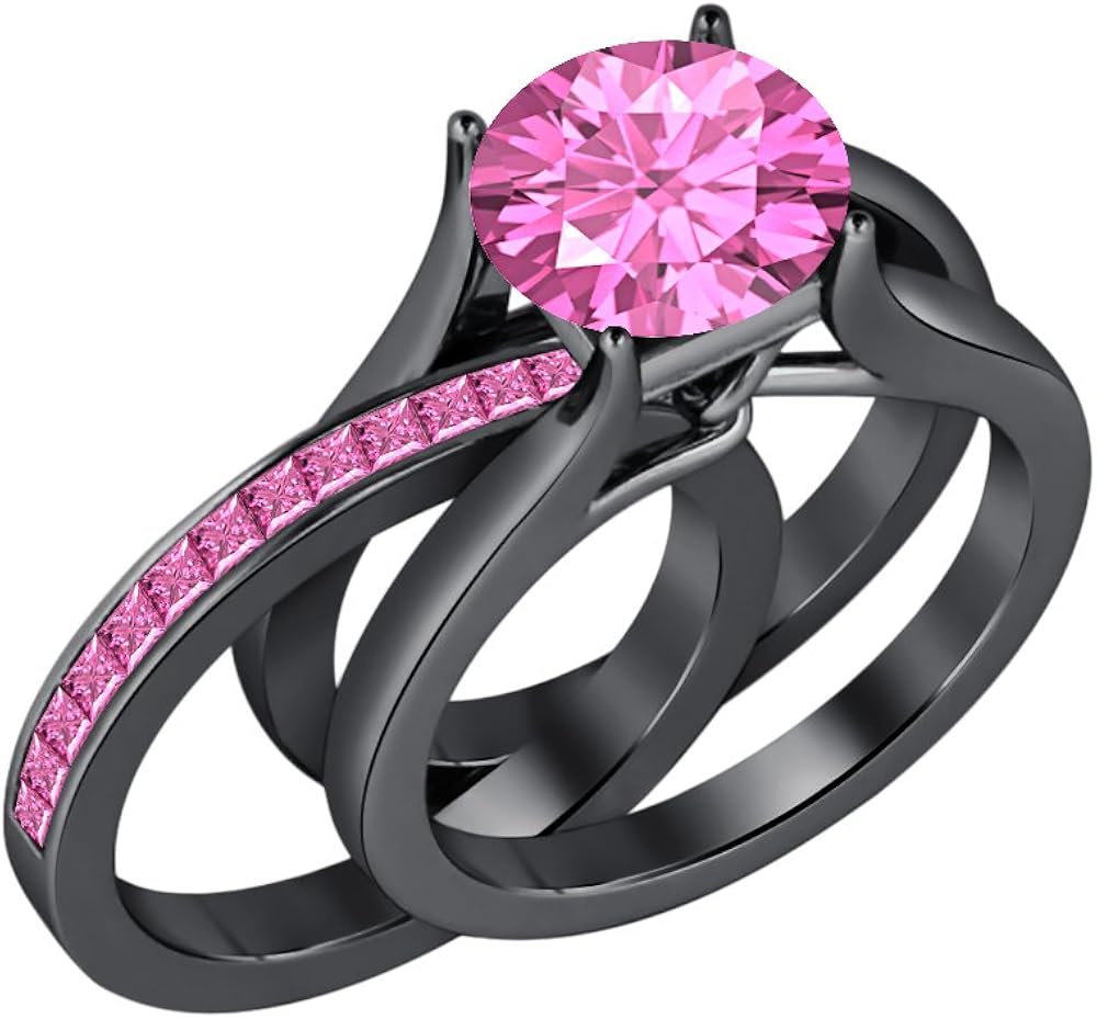 2.10 ct.tw Round &amp; Princess Cut Pink Sapphire 14K Black